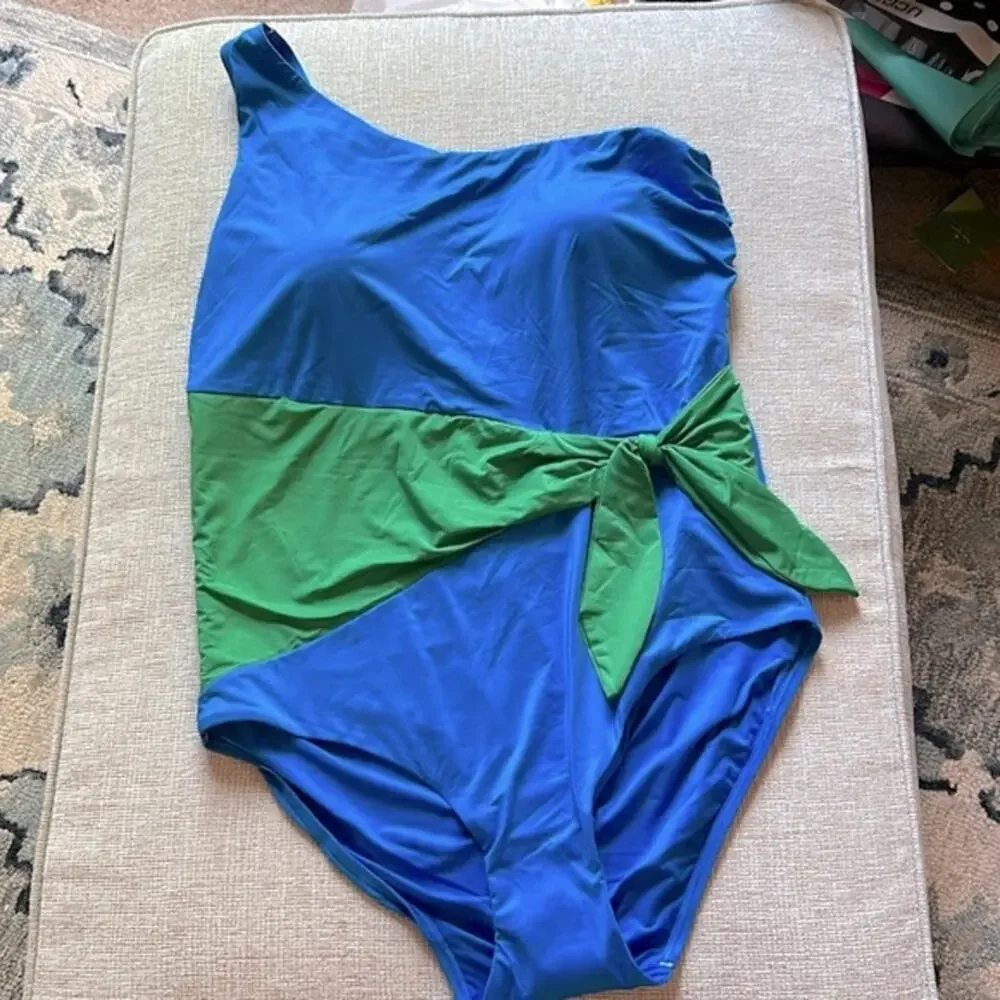 NWT City Chic Capri Ibiza blue and Absynth green sash one shoulder swimsuit, 20